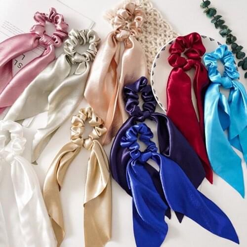 Fashion Print Satin Bow Scrunchie Hair Ribbon for Women Ponytail Scarf Sweet Elastic Hair Band Girls Hair Ties Hair Accessories