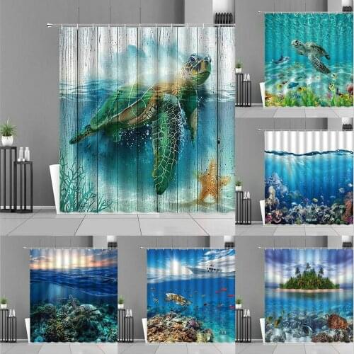 Ocean Animal Sea Turtle Wood Grain Shower Curtain Underwater World Tropical Fish Bathroom Decor Curtains Waterproof Bath Screen