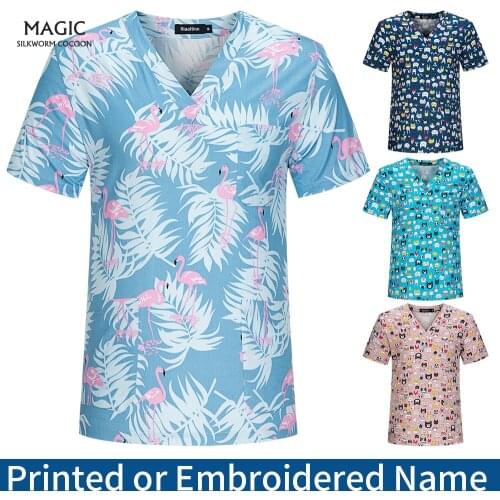 100%Cotton Beauty Salon Uniform Nursing Print Scrub Top High Quality V-Neck Scrub Top Pet Clinic Work Tops Pharmacy Work Clothes
