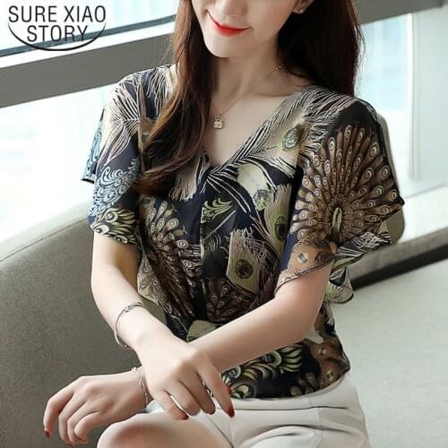 2021 Short Sleeve Print Chiffon Tops Casual Plus Size Women Blouse Sexy V-neck Ruffle Blouse Vintage Busas Elegantes 8836 50