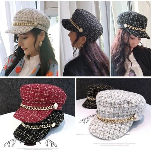 2019 Women Vintage Metal Chain Tweed Hat Winter Retro Hat Flat Berets Warm Hats Female Plaid Youth Cap