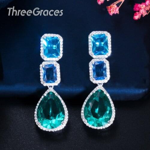 ThreeGraces Summer Bride Wedding Party Jewerly Fashion Light Green Cubic Zirconia Crystal Boho Style Water Drop Earrings ER450