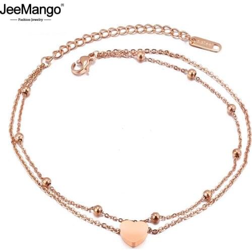 JeeMango Fashion Double Layer Stainless Steel Heart Charm Anklets For Women Rose Gold Color Leg Bracelet Foot Jewelry JA19026