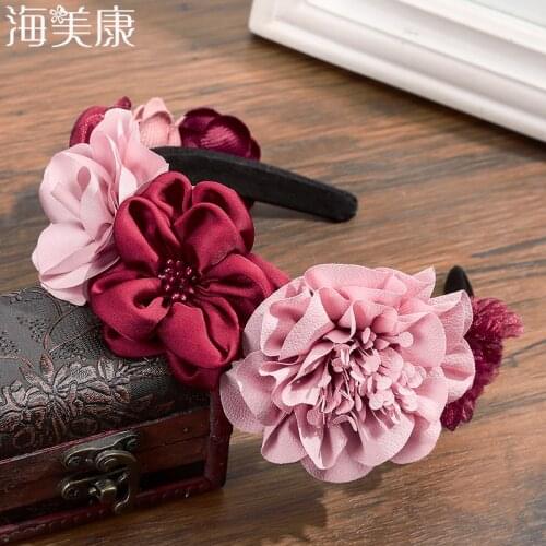 Haimeikang New Winter Rose Flower Hairband Bow-knot Wide Headband Solid Silk Flower Crown Hair Hoop Women Bridal Hair accessorie