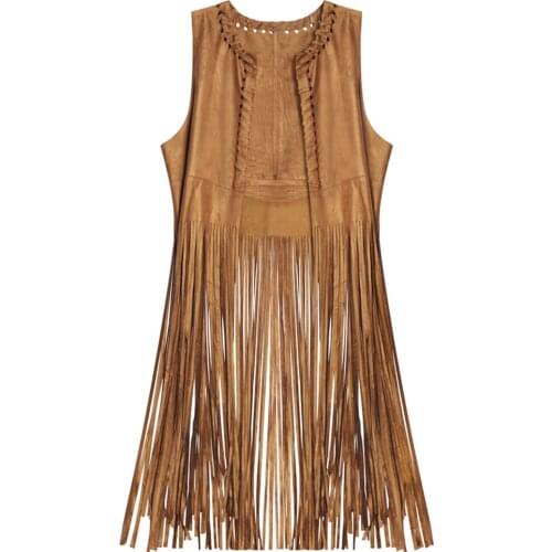 Womens Fringed Suede Faux Fur Sleeveless Vest