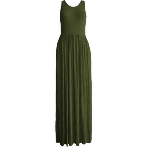 Women Dress Fashion Racerback Style Sleeveless O Neck Solid Color Pleated Large Hem Solid Color Pleated Large Hem Maxi Dress