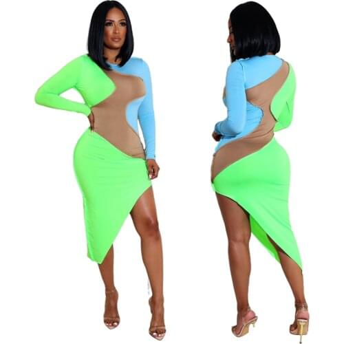 Patchwork Long Sleeve Dress Sexy High Split O Neck Dresses Women Irregular Autumn Clothes 2021 Streetwear Bodycon Sundress