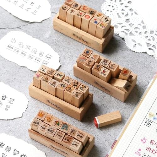 12pcs/set Cute Diary Stamps Korean Kawaii Stationery DIY Wooden Rubber Stamps for Planner Notebook Scrapbooking Kids Gifts