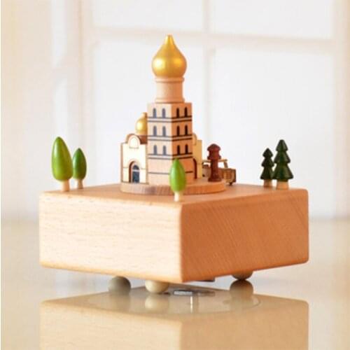 European Castle Church Building Wooden Music Box Table Home Decoration Ornaments H3CC