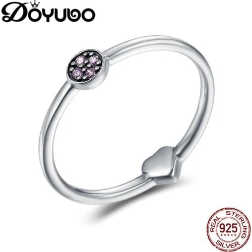 DOYUBO Simple 925 Sterling Silver Rings White Cubic Zirconia Heart Ring Accessories Womens Classical CZ Pure Silver Ring AGB051