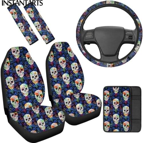 INSTANTARTS Floral Sugar Skull Prints Universal Seat Covers Easy Clean Steering Wheel Cover Console Cover Durable Seatbelt Cover