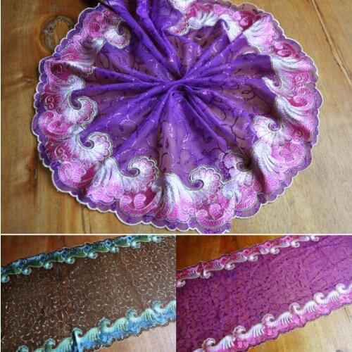2 Meters High Quality Luxury Wide Purple Green Lace Trim Lace Fabric for Wedding Dress Gown 34cm Width