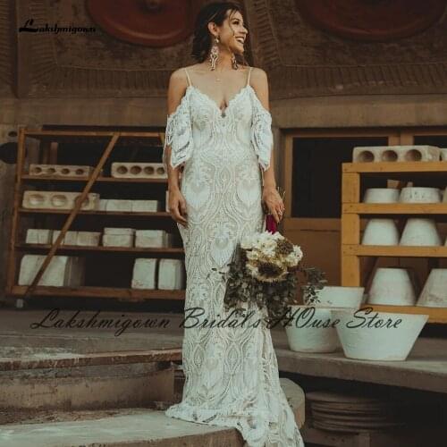 Lakshmigown Civil Boho Wedding Dress Puffy Long Sleeve Robe Satin Princess Bridal Wedding Gowns Open Back with Detachable Train