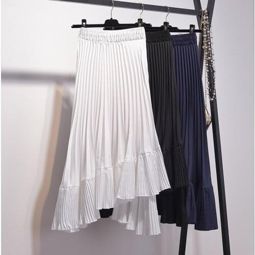 Midi Pleated Skirt Women High Street Fashion Irregular Skirts Womens Elastic High Waist A Line Asymmetrical Skirt High Quality