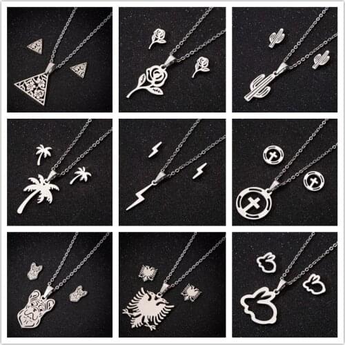 Oly2u Delicate Triangle Floral Romantic Rose Flower Earings Desert Cactus Beach Coconut Tree Steel Necklaces for Women
