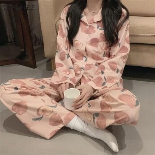 Pajama Sets Women Spring Long Sleeve Sweet Fashion Sleepwear Ulzzang Casual Comfortable Simple Hipster Chic Large Size 3XL Lady