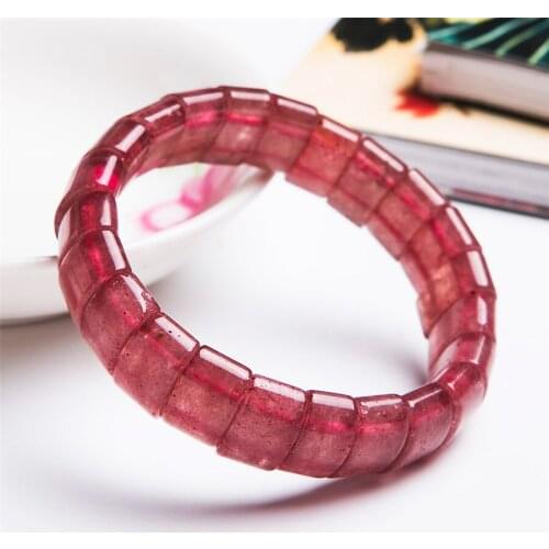 Genuine Natural Red Strawberry Quartz Crystal Rectangle Beads Women Ladies Charm Stretch Bracelet