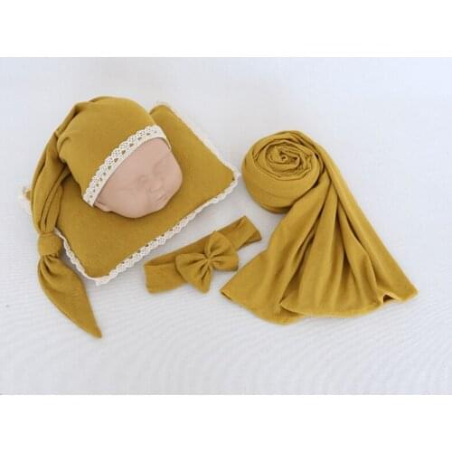 P&WNewborn Baby Photography Wraps 4pcs Set Photo Headband Costumes Infant Soft Strong Stretch Swaddle Elastic Blanket Hat Pillow