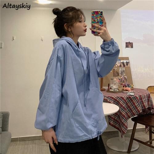 With Hat Hoodies Women Various Colors Pure Color Kangaroo Pockets Lovely Simple Retro Casual Minimalist Streetwear Femme Spring