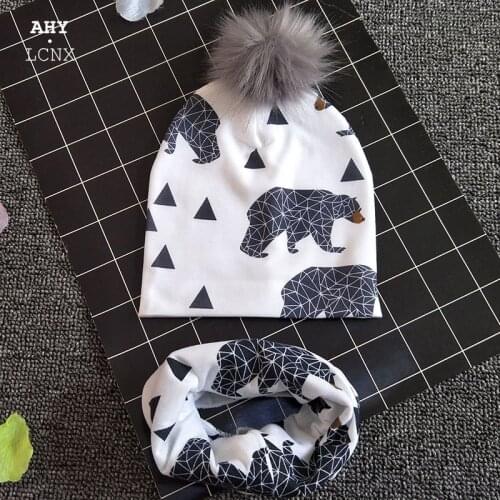 2 Pcs Baby Hat Scarf Set Spring Autumn Winter Cartoon Print Cotton Hats Neckerchief Pompom For Boys Girls Cap Kids Bonnet Beanie