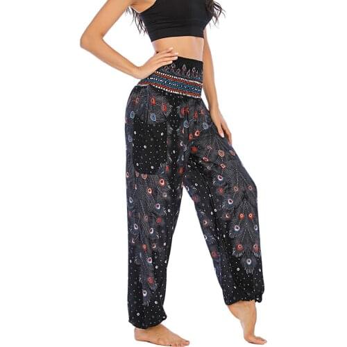 Men Women Loose Yoga Pants Feather print Thai Harem Trousers Boho Festival Hippy Smock High Waist Yoga Pants брюки женские E2
