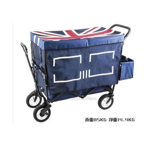 Foldable Kids Wagon With Removable Canopy, Rubber Wheels Outdoor Cart, Twins Stroller Have Adjust Handle For Camping Beach
