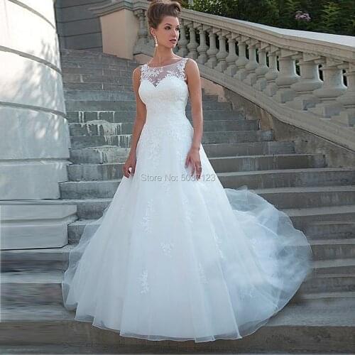 Comfortable Scoop Neckline A Line Wedding Dresses Off the Shoulder Buttons Illusion Back Sweep Train Bridal Gowns Robe de Noiva