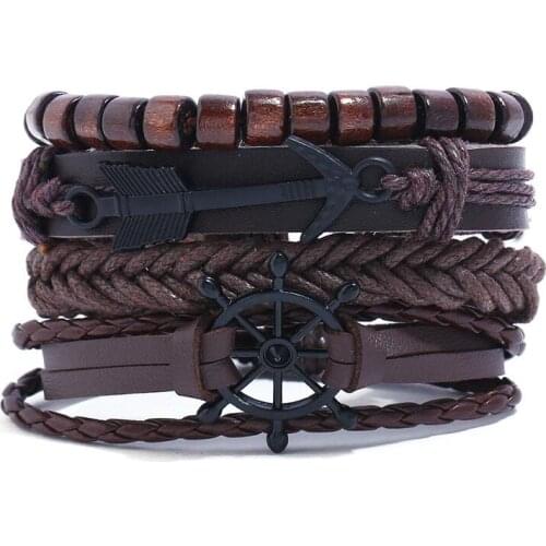 Punk Rock Vintage Fashion Handmade Bracelet Genuine Leather Arrow Rudder Beads Woven Charm Wristbands Bangle Multi-layer Jewelry