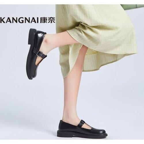 KANGNAI Women Shoes Mary Janes Genuine Leather Japanese Style Retro Ladies Round Toes Platform Flats