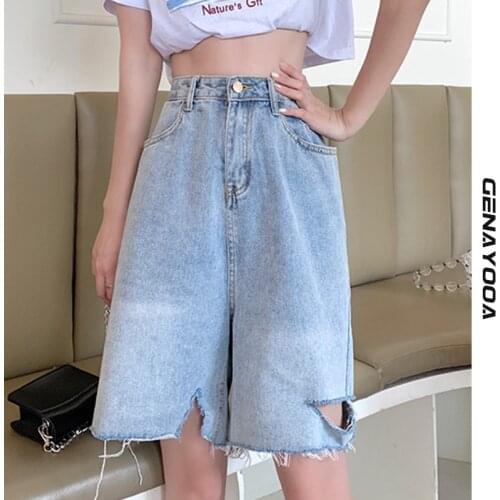 Genayooa Ripped Demin Shorts Women Summer Plus Size Biker Shorts Women High Waisted Loose Streetwear Ladies Hot Pants Korean