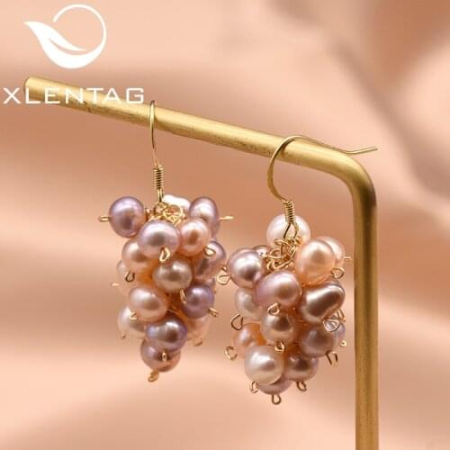 XlentAg 925 Sterling Silver Natural Fresh Water Pink Purple Pearl For Women Party Grape Shape Drop Earrings Fine Jewelry GE0740
