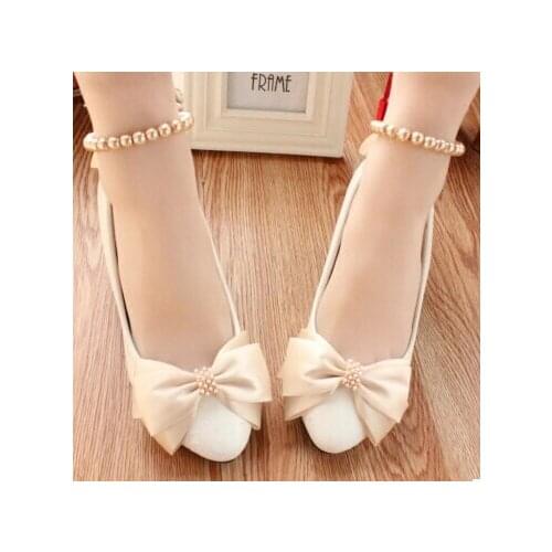 White wedding shoes woman champagne bowtie butterfly-knot bowtie wedding shoes for woman low high heel plus size ankle strap