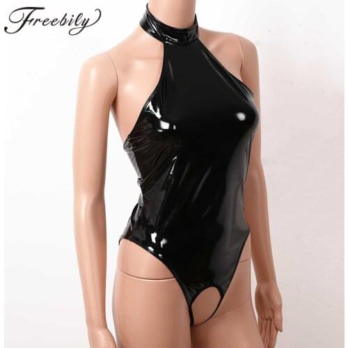 Women Erotic Open Crotch Latex Catsuit Hot Halter High Cut Body Suit Nightclub Backless Crotchless Wet Look PVC Leather Bodysuit