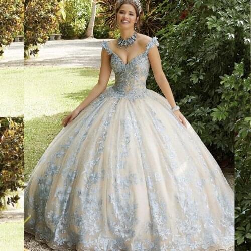 Light Blue Quinceanera Dress 2021 Ball V-Neck Appliques Sequins Bow Backless Party Princess Sweet 16 Gown Vestidos De 15 Años