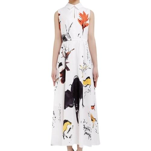 Vintage Ink Painting Print Women Long Dress Fashion Turn-Down Collar Sleeveless A-Line Dresses G7151