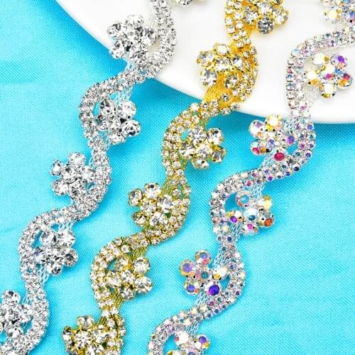 S Shape Flower Chain Clear Crystal AB Rhinestone Trim Wedding Dress Decoration Fabric Craft Sewing Clothes Collar DIY Accessorie