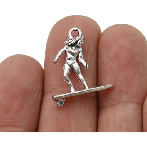 10pcs Antique Silver Plated Surfing Girl Charms Pendants for Jewelry Making Bracelet DIY Accessories 24x19mm