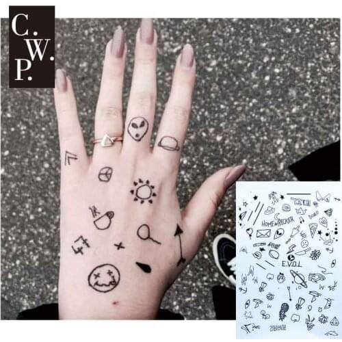 #BH1703 1 piece Stick N Poke Black Henna Tattoo with Semicolon ,ET, daily pattern Temporary Tattoo for Hands Stickers