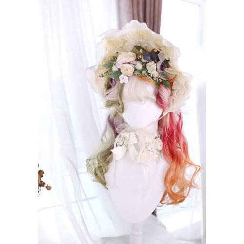 Gradient Mulicolor Lolita Wig Harajuku Fairy Cosplay Bangs Curly Body Wave Long Candy Sweet Fringe Adult Girls Hair