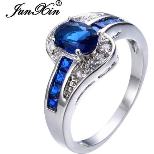 JUNXIN Unique Jewelry Blue Oval Zircon Stone Ring White Gold Filled Wedding Engagement Rings For Women Men RW0375