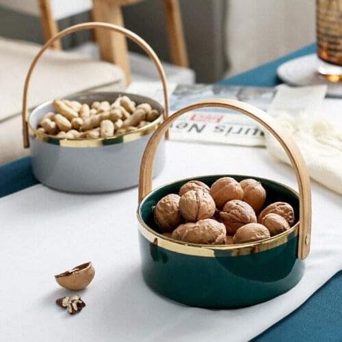 Ceramic Fruit Snacks Nuts Plates Tableware Dinner Set With Wood Handle Kitchen Accessories Household Storage Jar Food Basket