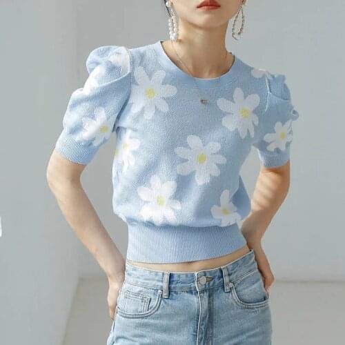 Summer Women Sweet Daisy Flower Short Crop Knitted Tops Sweaters Pullovers Short Young Ladies Sweaters Knitted Tees Tops SY121