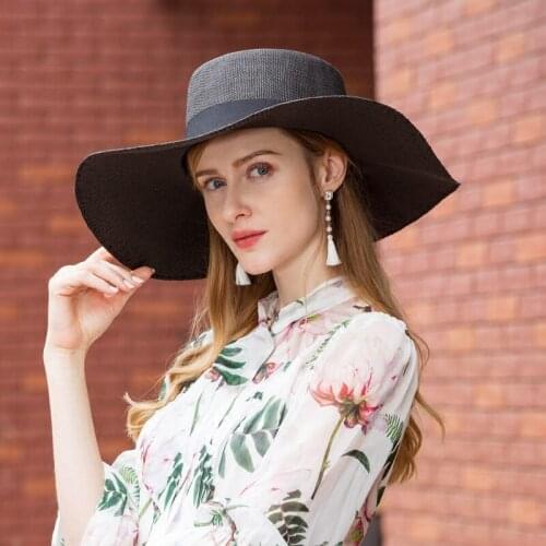 Summer Women Hats Wide Brim Straw Hat Female Sunscreen Cap Black Bow-Knot Large Sunscreen Gorras Sombreros Mujer Verano B-8277