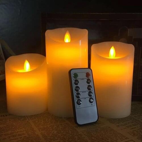 Set of 3 Flickering Flameless Pillar LED Candle Lights Remote controlled moving wick melted edge Wedding Xmas Party Decor-Amber
