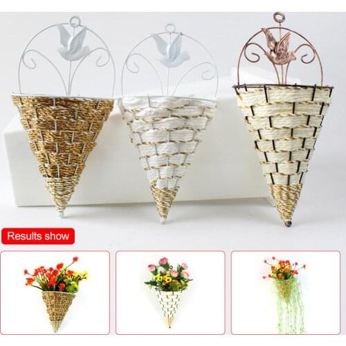 Natural Wicker Flower Basket Wall Hanging Pot Planter Rattan Vase Basket Decor Handmade Wicker Hanging Baskets Wedding Decor
