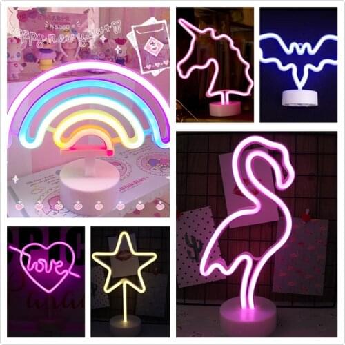 Neon Sign Light Holiday Flamingo Night Light Xmas Party Wedding Decoration Night Light Home Gift Unicorn Heart USB LED Lamp