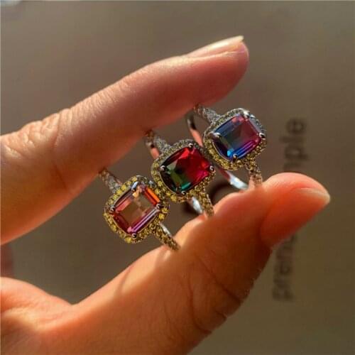 Charm Female Rainbow Crystal Stone Ring Trendy Silver Color Wedding Rings For Women Promise Square Zircon Engagement Ring