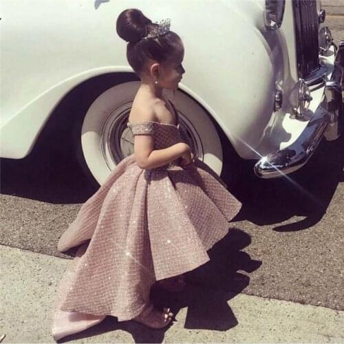 Adorable Off Shoulder Flower Girl Dresses Hi-Lo Puffy Pageant Dresses Kids Formal Wear for Wedding Eevent Brithday Party