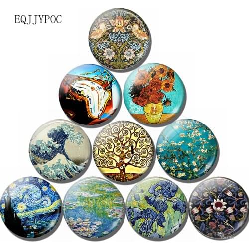 Landscape oil painting Fridge Magnet Van Gogh William Morris Monet Gustav Klimt art 3CM Glass dome Magnetic Refrigerator Sticker