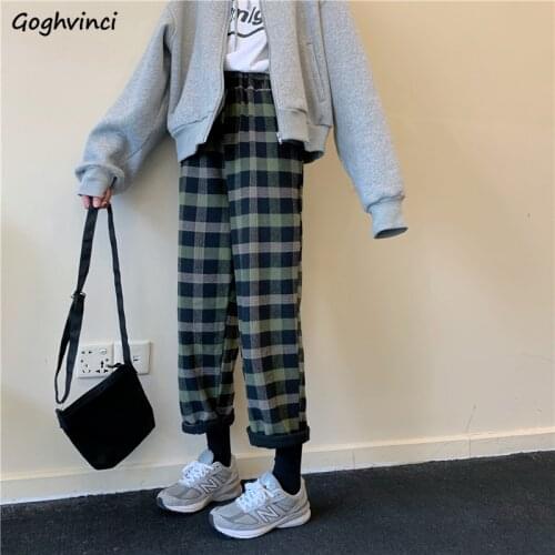Casual Pants Women Winter Plaid Thickening Chic Streetwear Preppy Style Loose Straight Womens Ulzzang Fashion Vintage Autumn New